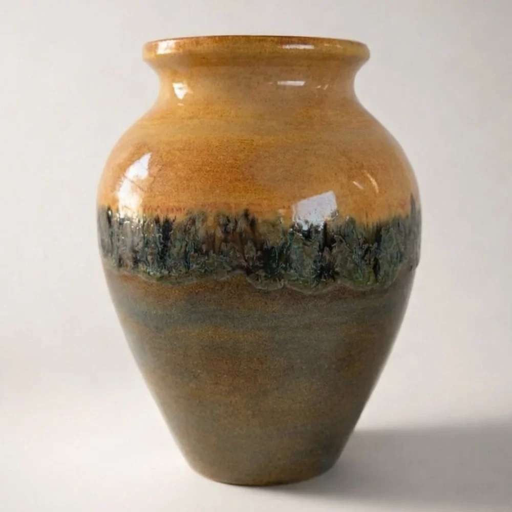 HANDMADE SIGNED STUDIO POTTERY VASE COTTAGE-CORE GREEN/YELLOW BOHO WABI-SABI EUC